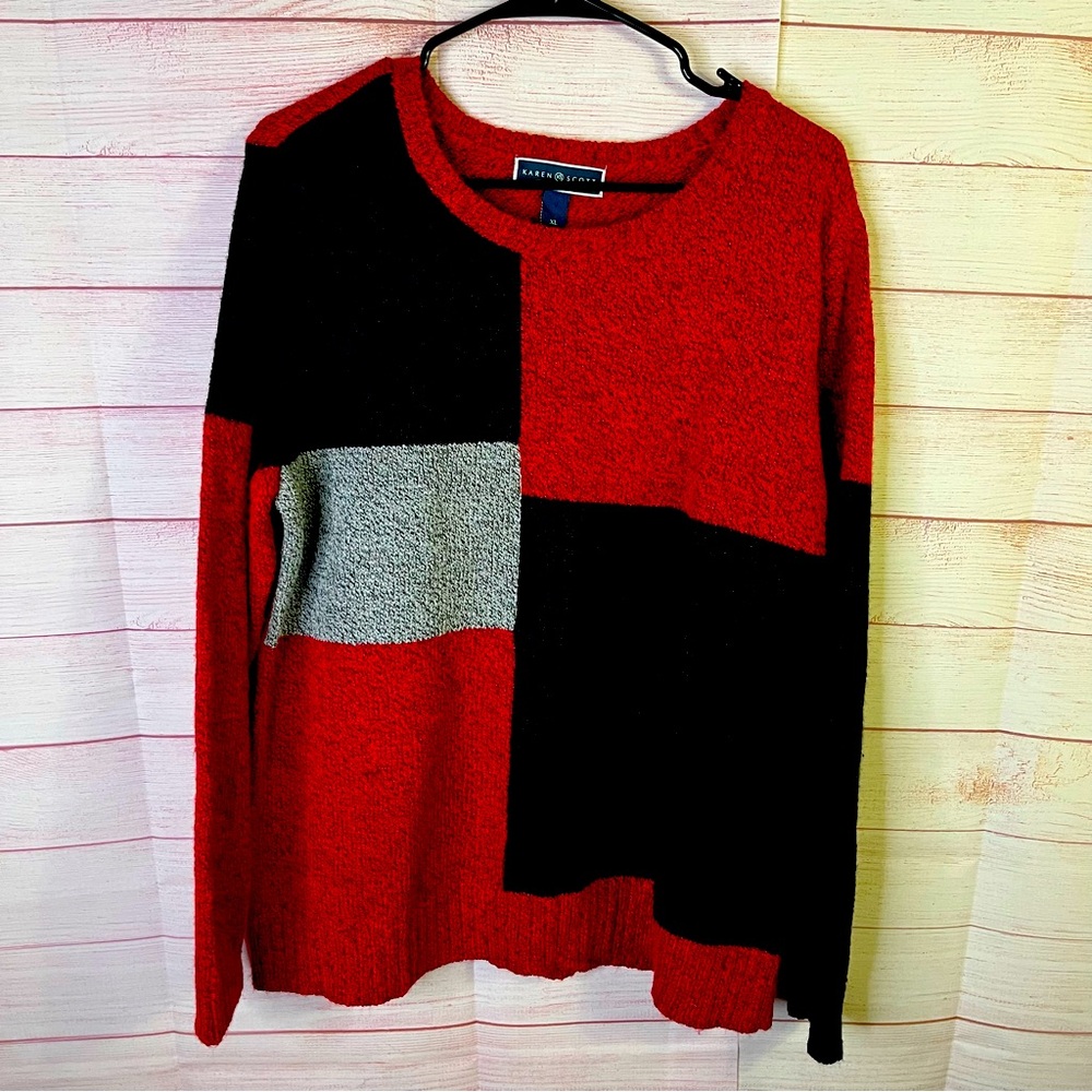 Karen Scott Red Black Blocked Long Sleeve Sweater Size XL